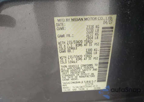 2017 Nissan Murano Platinum z USA, uszkodzony, nr VIN 5N1AZ2MG8HN158657